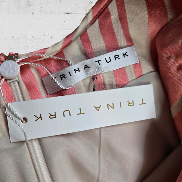 Trina Turk Pink White Striped Ruffle Neck Sleeveless Straight Mini Dress Size 10 - Picture 6 of 10